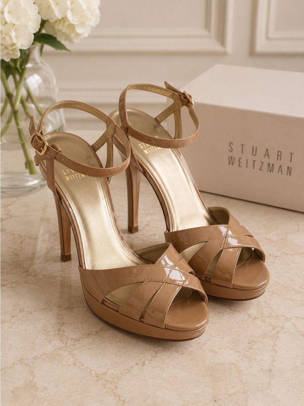 Stuart Weitzman Nude Patent Peep-Toe Platform Sandals with Ankle Strap Size 10